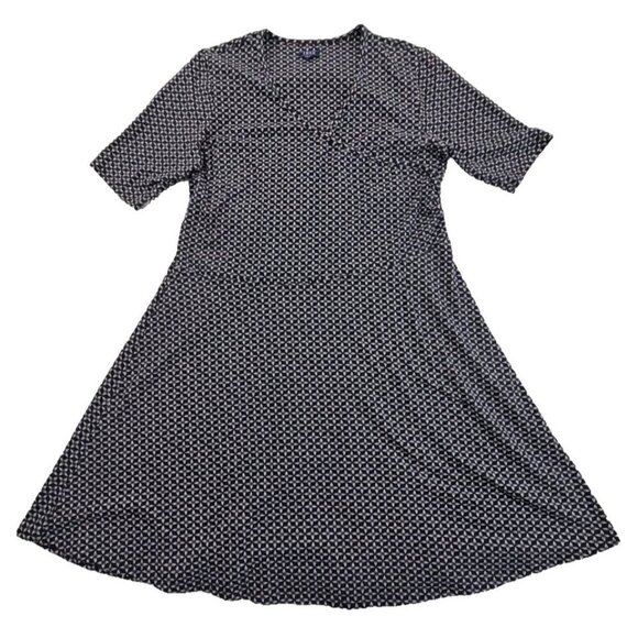 Izod Faux Wrap A-Line Dress Size XXL Black Geometric Pattern Midi Dress EUC LN - Picture 1 of 12
